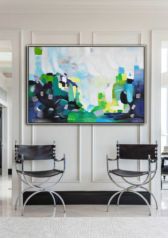 Extra Large Textured Painting On Canvas,Oversized Horizontal Contemporary Art,Extra Large Canvas Art,Handmade Acrylic Painting,White,Grey,Blue,Green.etc